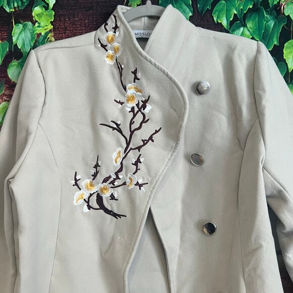 Misslook Long Jacket L/XL Whimsical Floral Tree Branch Beige Fall Trench Coat - Picture 2 of 5
